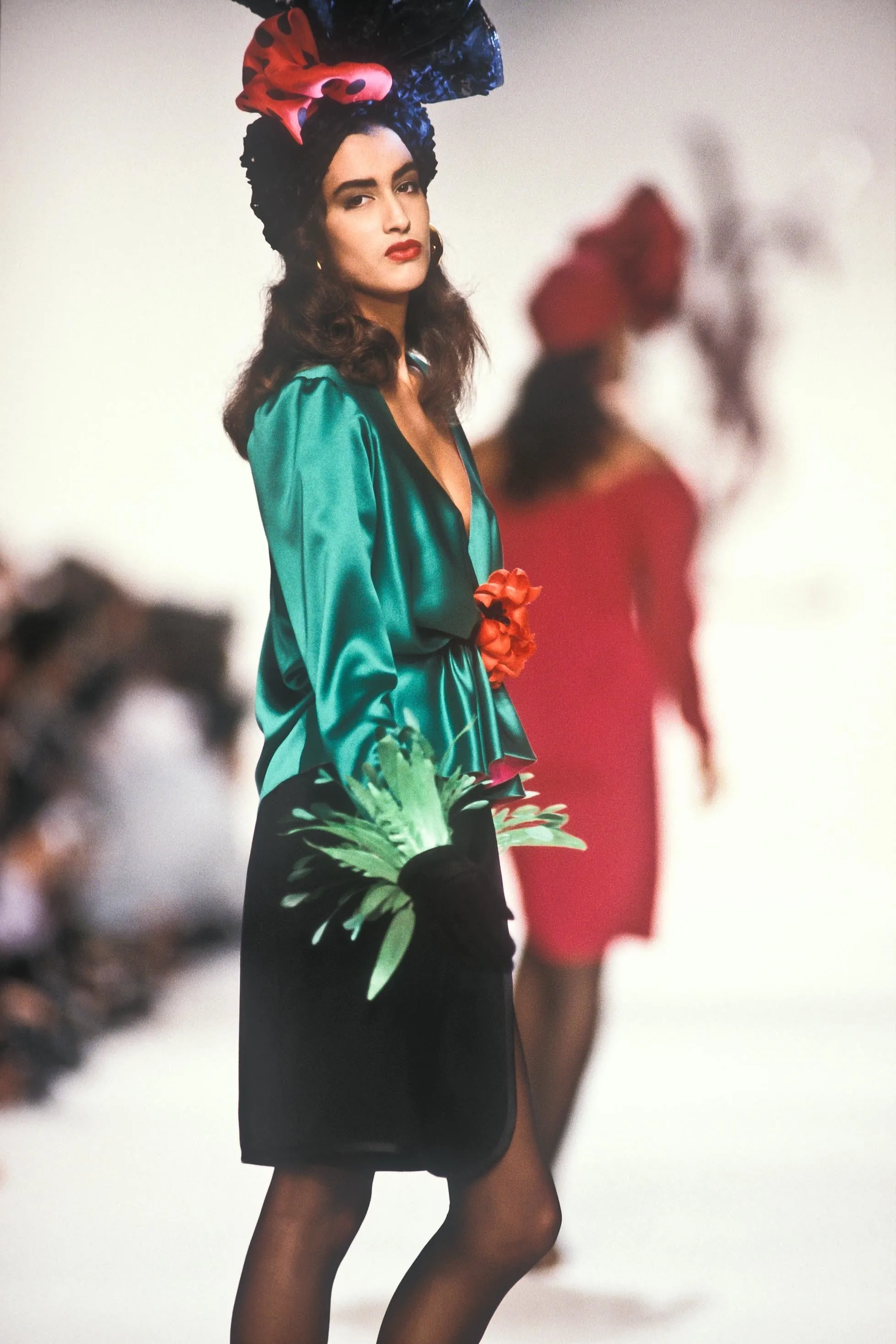 Incredible Spring 1990 Yves Saint Laurent Runway Brilliant Green Jacket w Pink Lining & Black Skirt Set