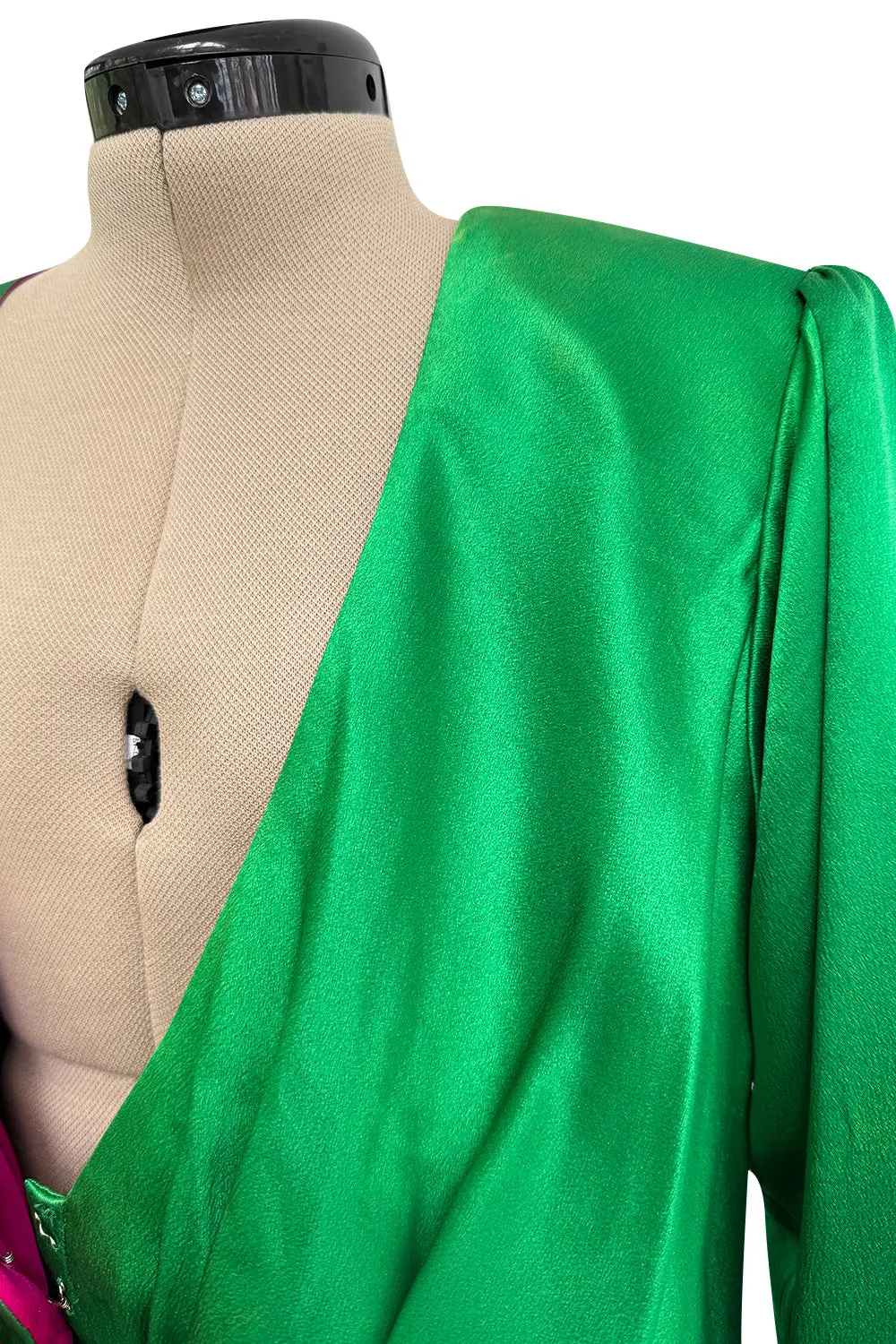 Incredible Spring 1990 Yves Saint Laurent Runway Brilliant Green Jacket w Pink Lining & Black Skirt Set