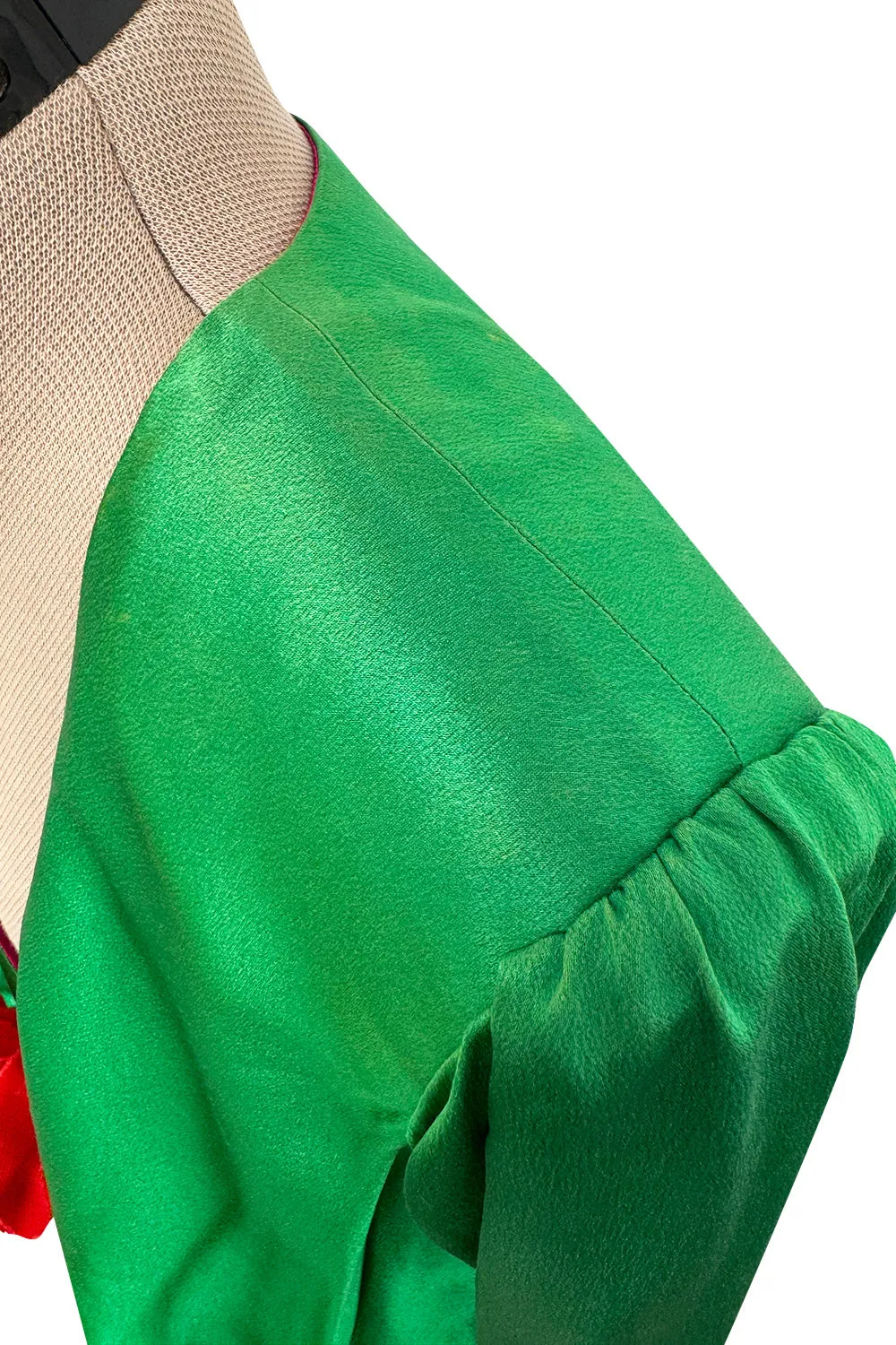 Incredible Spring 1990 Yves Saint Laurent Runway Brilliant Green Jacket w Pink Lining & Black Skirt Set