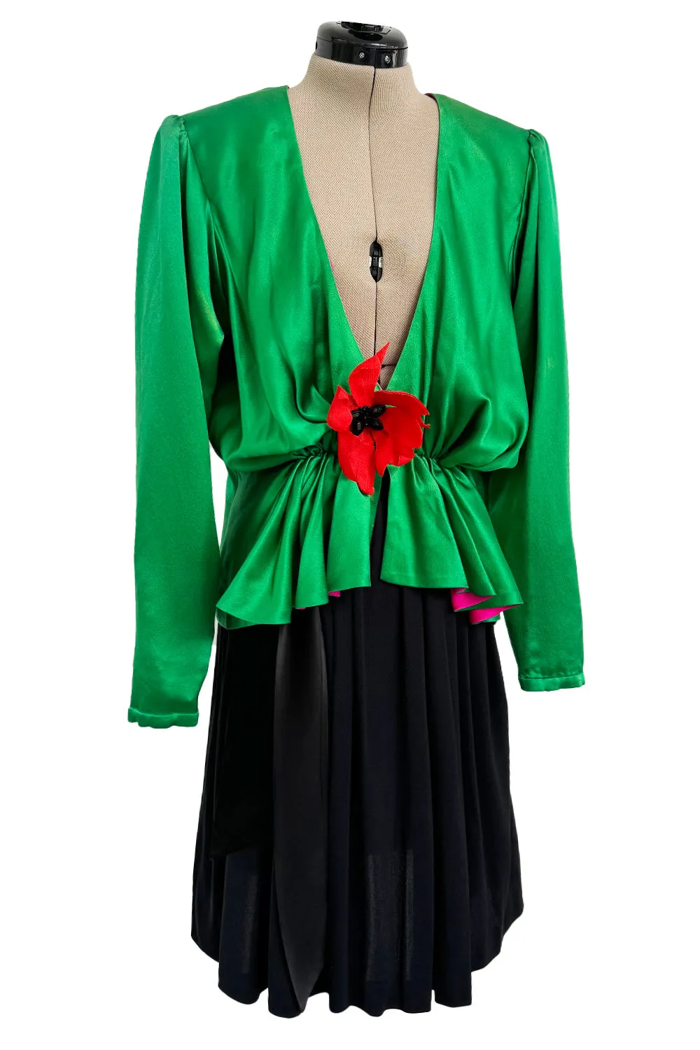 Incredible Spring 1990 Yves Saint Laurent Runway Brilliant Green Jacket w Pink Lining & Black Skirt Set