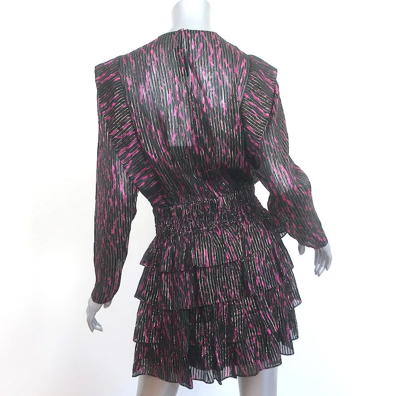 IRO Anael Ruffled Mini Dress Black/Fuchsia Lurex-Striped Silk Size 36 NEW