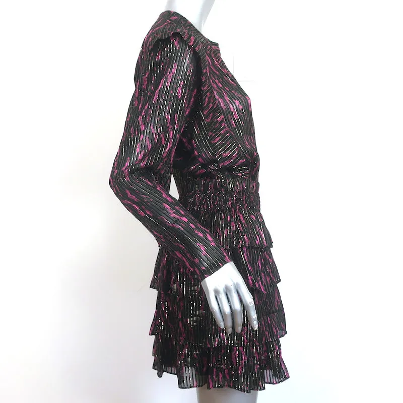 IRO Anael Ruffled Mini Dress Black/Fuchsia Lurex-Striped Silk Size 36 NEW