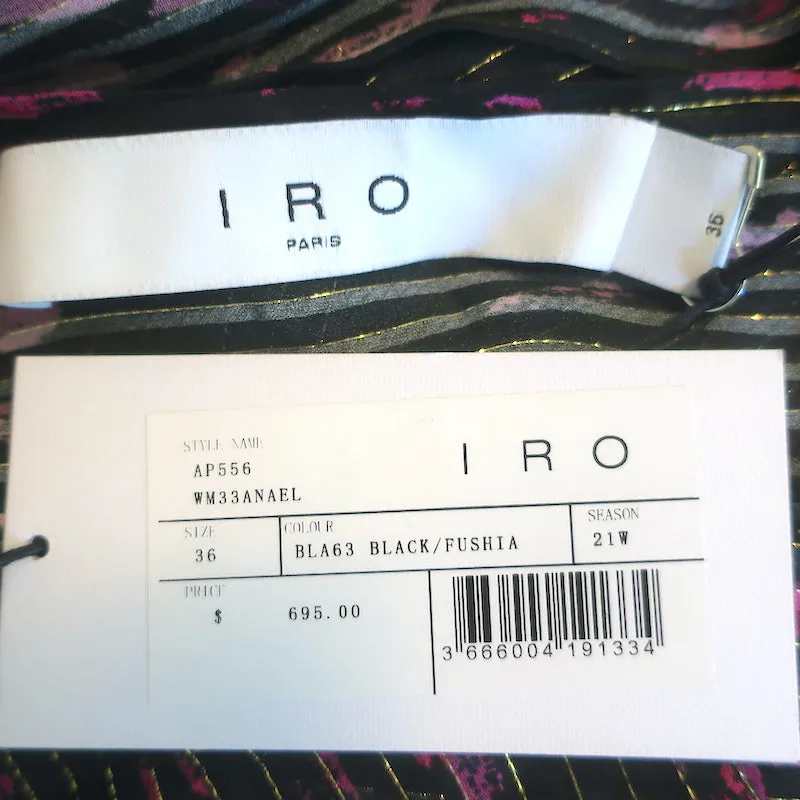 IRO Anael Ruffled Mini Dress Black/Fuchsia Lurex-Striped Silk Size 36 NEW