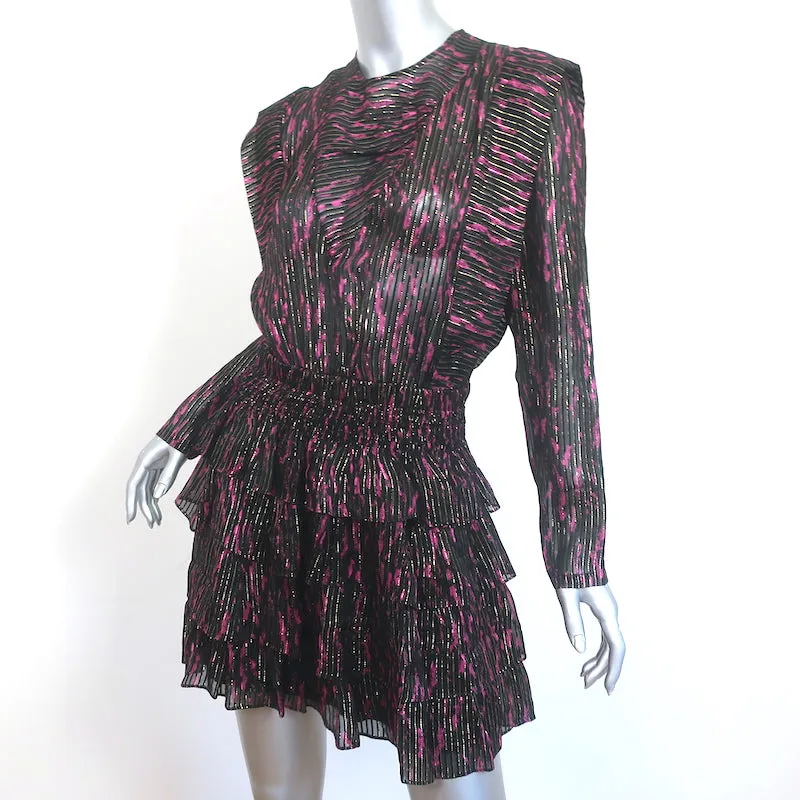 IRO Anael Ruffled Mini Dress Black/Fuchsia Lurex-Striped Silk Size 36 NEW