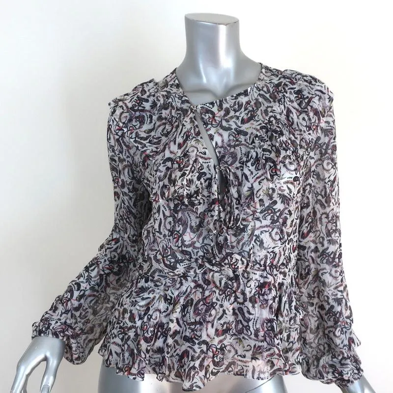 IRO Blouse Voodoo White/Multi Printed Ruffled Chiffon Size 34 Long Sleeve Top