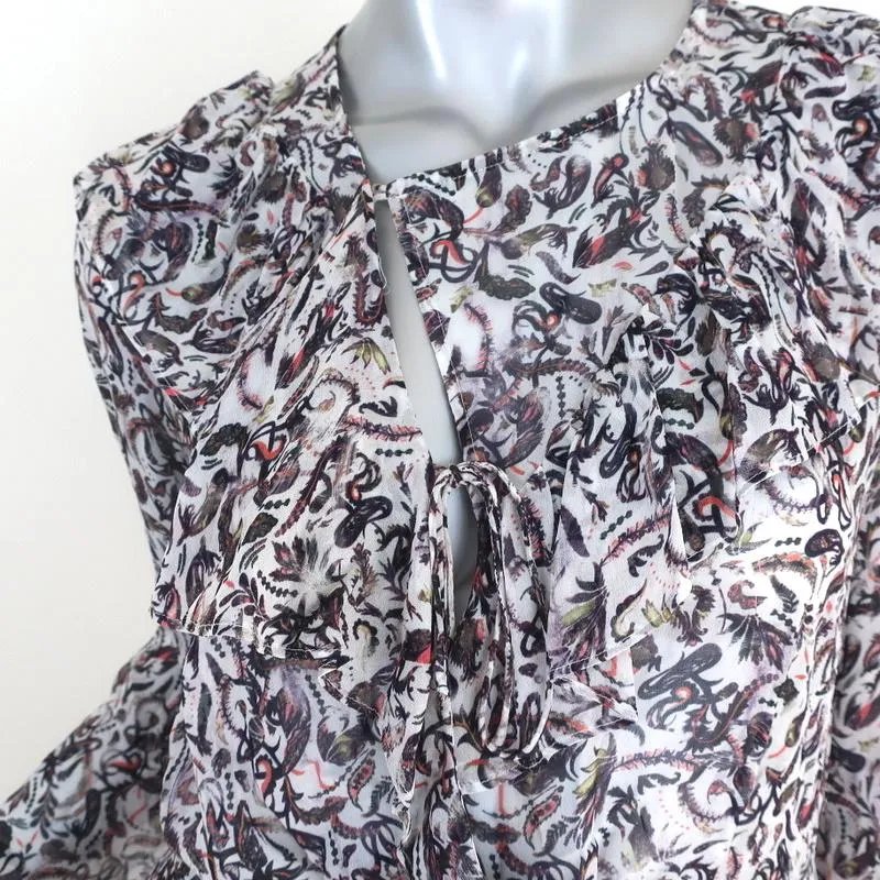 IRO Blouse Voodoo White/Multi Printed Ruffled Chiffon Size 34 Long Sleeve Top