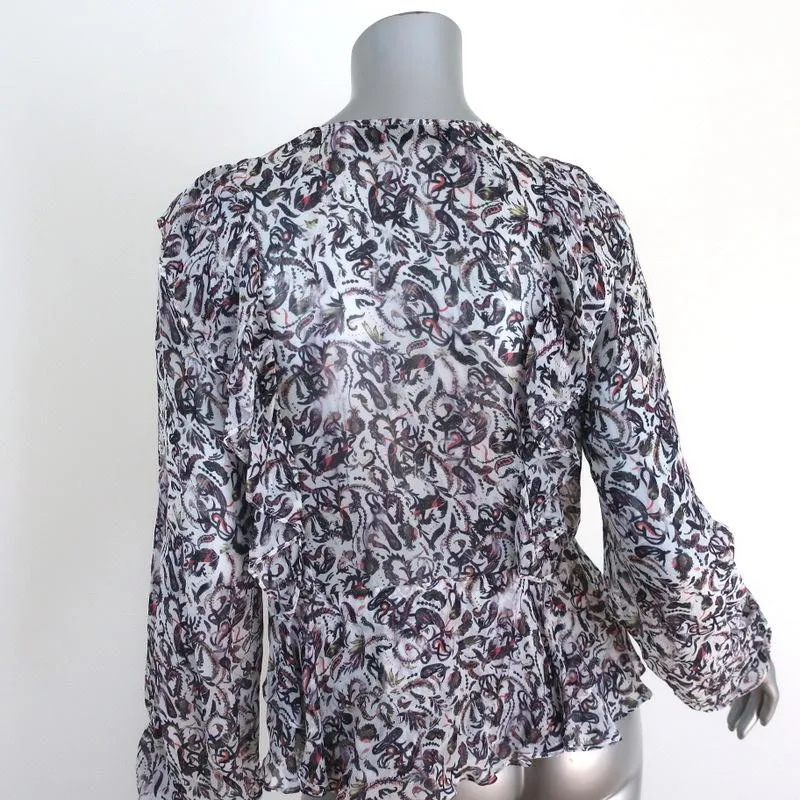 IRO Blouse Voodoo White/Multi Printed Ruffled Chiffon Size 34 Long Sleeve Top