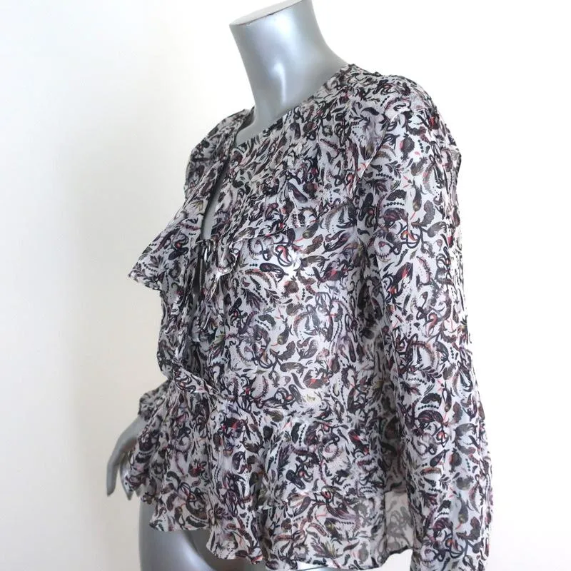 IRO Blouse Voodoo White/Multi Printed Ruffled Chiffon Size 34 Long Sleeve Top