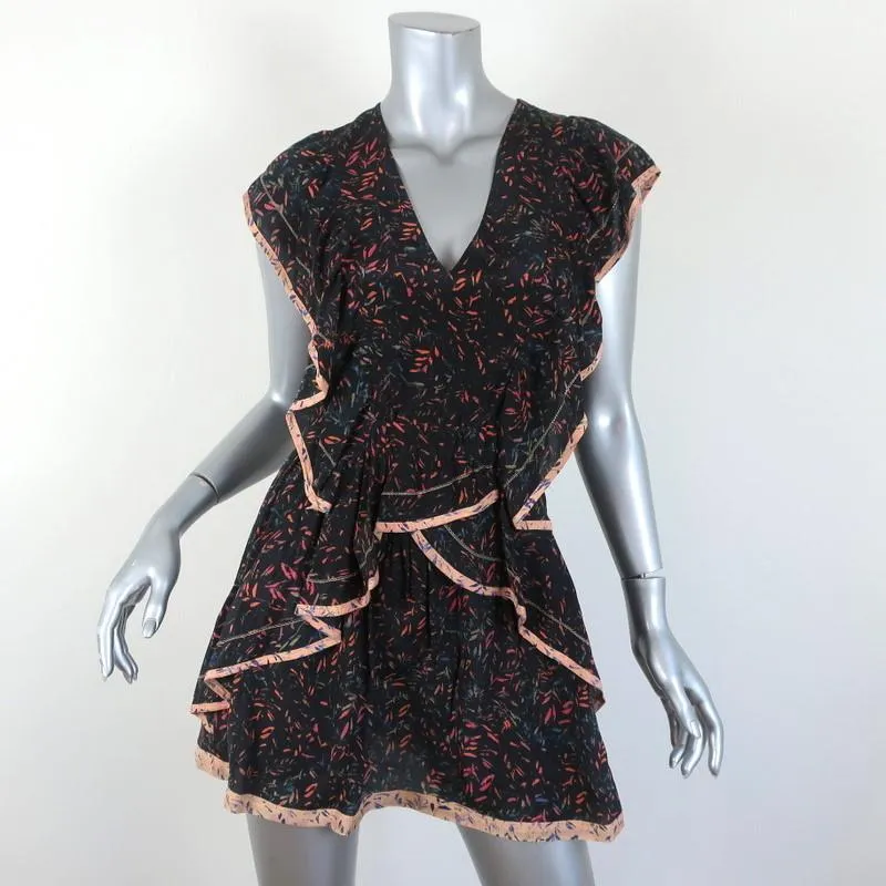 IRO Mini Dress Jicka Black Ruffled Printed Silk Size 34 Cap Sleeve V-Neck