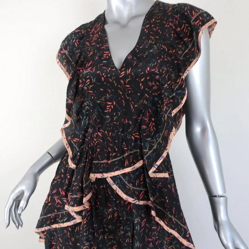 IRO Mini Dress Jicka Black Ruffled Printed Silk Size 34 Cap Sleeve V-Neck