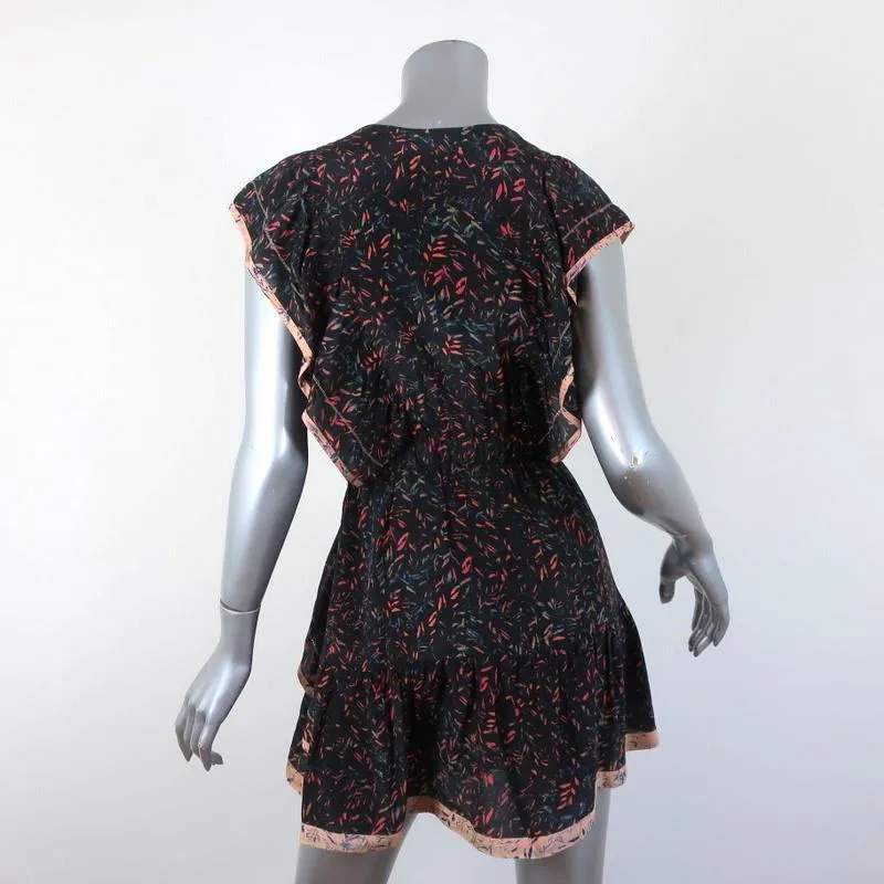 IRO Mini Dress Jicka Black Ruffled Printed Silk Size 34 Cap Sleeve V-Neck