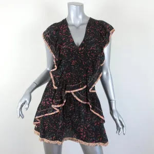IRO Mini Dress Jicka Black Ruffled Printed Silk Size 34 Cap Sleeve V-Neck