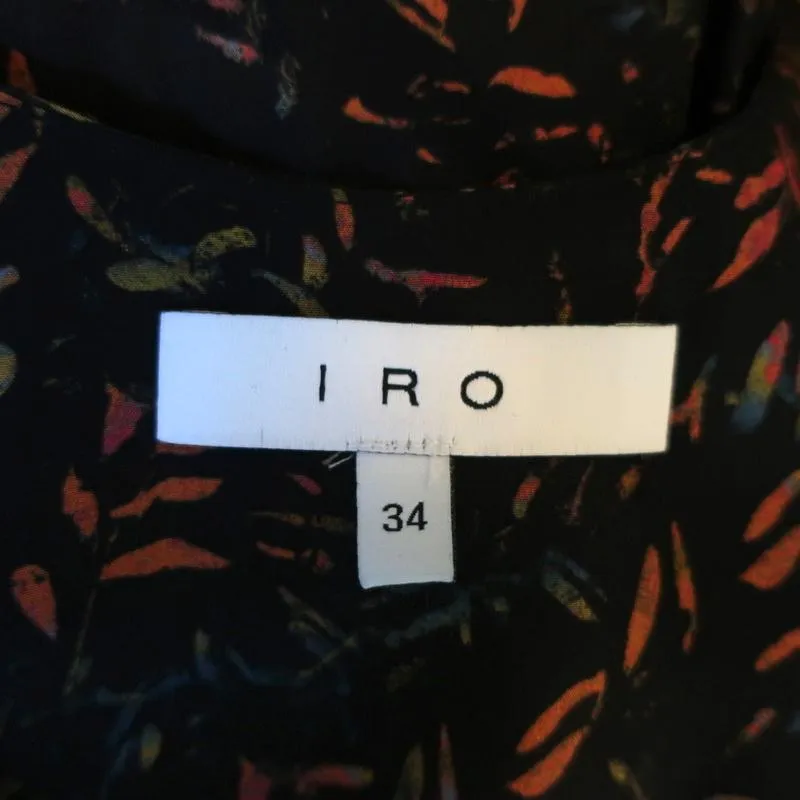 IRO Mini Dress Jicka Black Ruffled Printed Silk Size 34 Cap Sleeve V-Neck