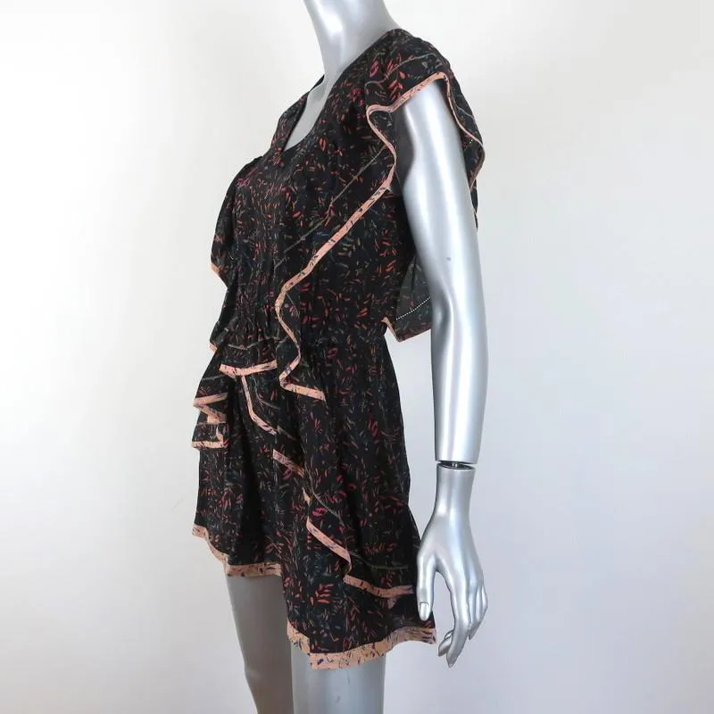 IRO Mini Dress Jicka Black Ruffled Printed Silk Size 34 Cap Sleeve V-Neck