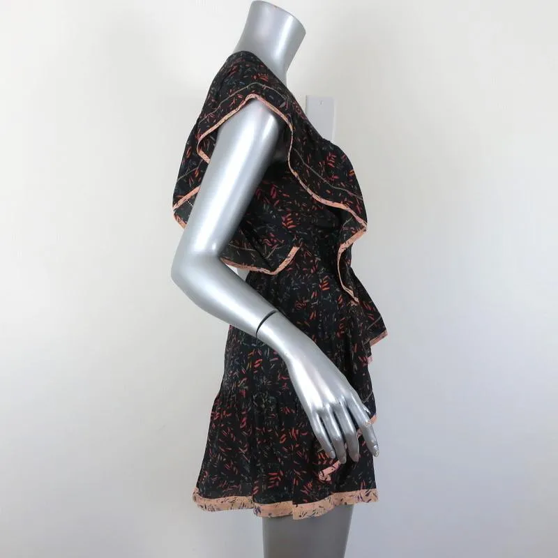 IRO Mini Dress Jicka Black Ruffled Printed Silk Size 34 Cap Sleeve V-Neck