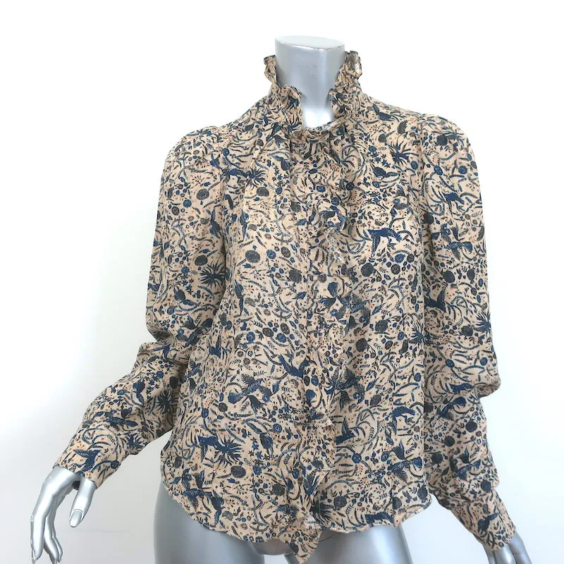 Isabel Marant Etoile Ruffled Button Down Shirt Beige Printed Linen Size 38