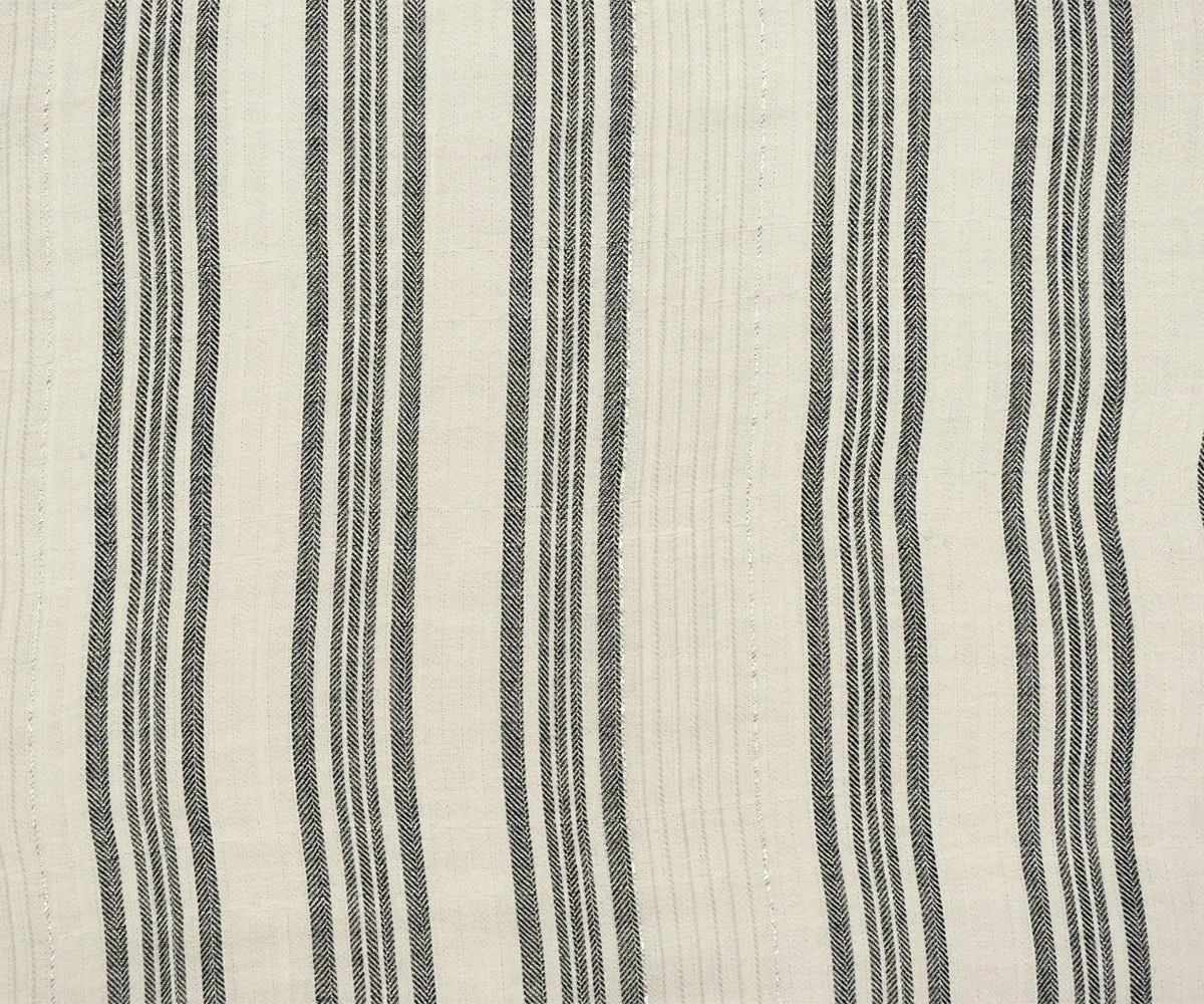 Ivory-Silver Metallic Famous Maker Cotton Striped Herringbone Woven Fabric
