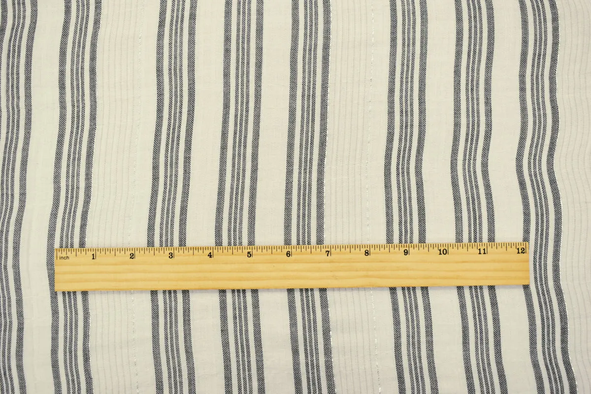 Ivory-Silver Metallic Famous Maker Cotton Striped Herringbone Woven Fabric
