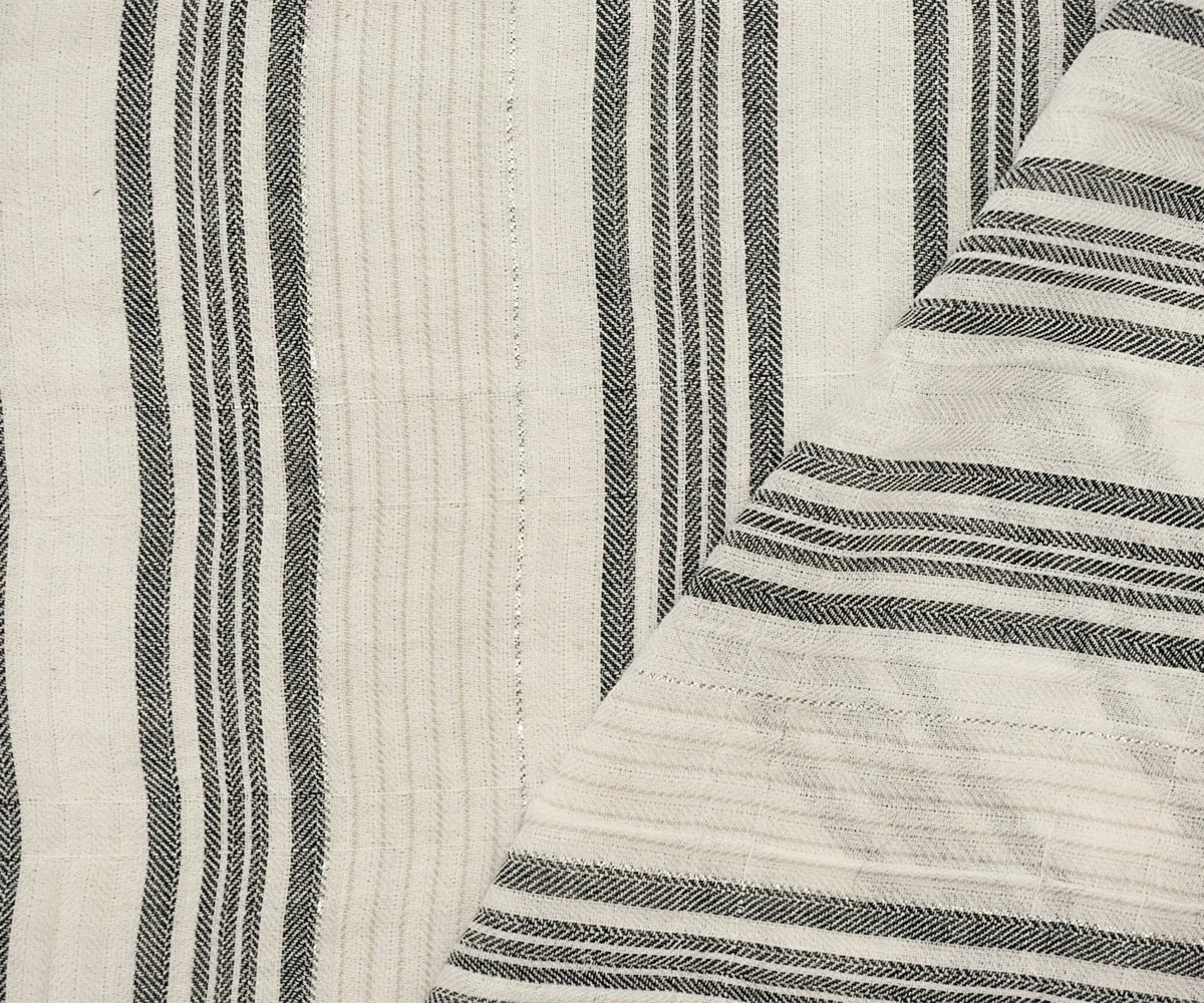 Ivory-Silver Metallic Famous Maker Cotton Striped Herringbone Woven Fabric