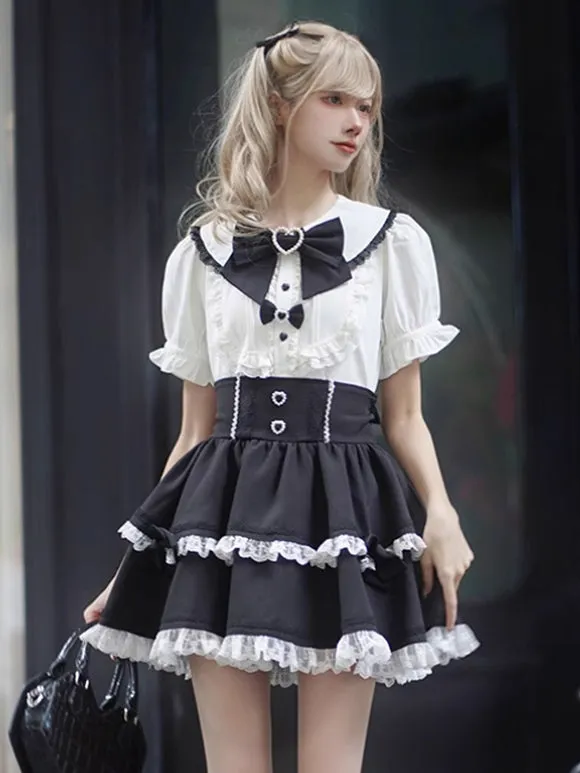 Jirai Kei Blouses Landmine Style Top Sweet Lolita Blouses White Lolita Top Short Sleeves Bows Ruffles Lolita Shirt