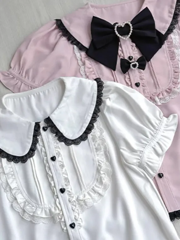 Jirai Kei Blouses Landmine Style Top Sweet Lolita Blouses White Lolita Top Short Sleeves Bows Ruffles Lolita Shirt