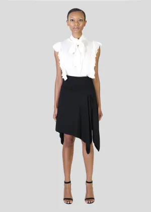 Justyne - Sleeveless Silk Blouse with Side Ruffle, Jabot Bib