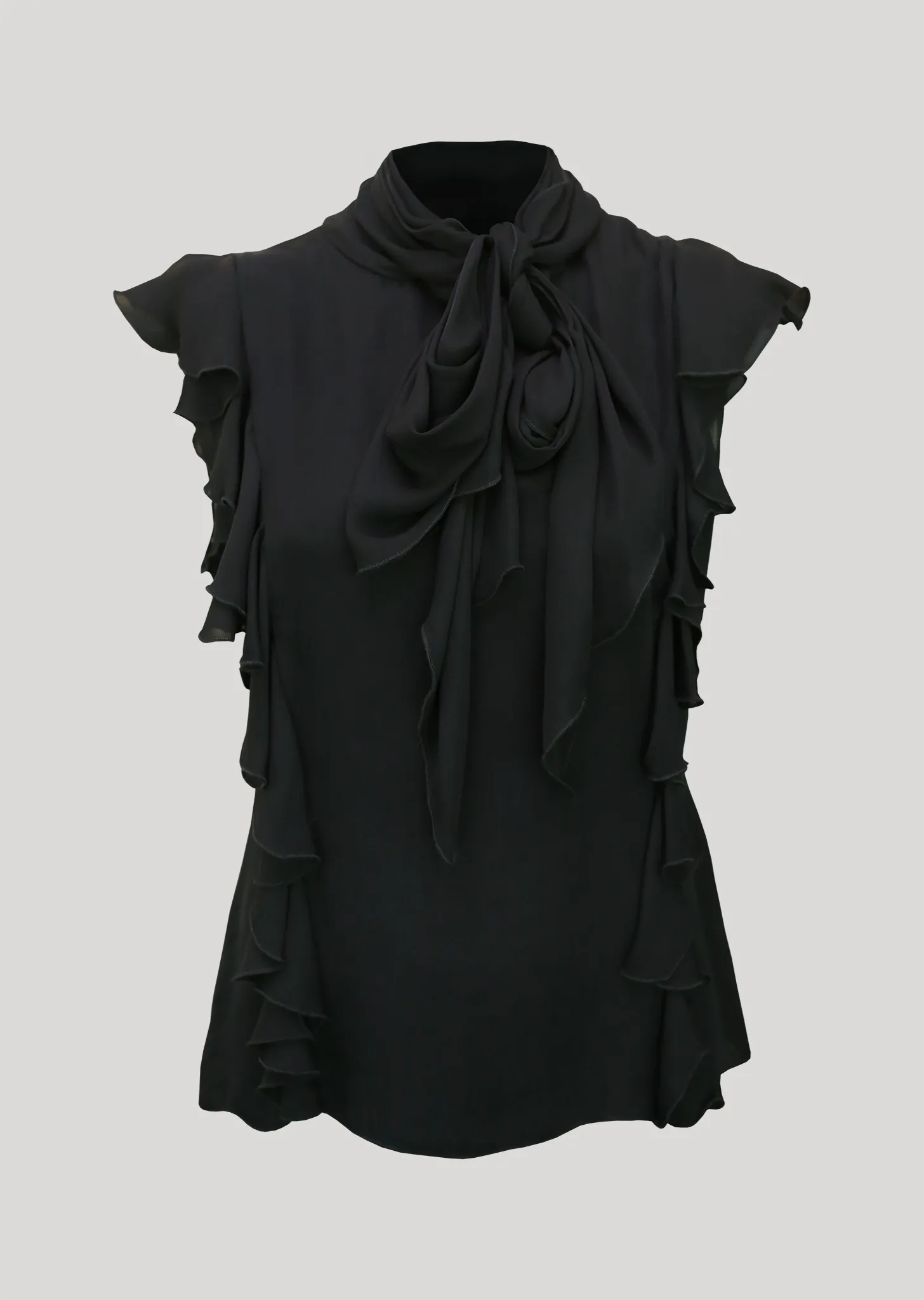 Justyne - Sleeveless Silk Blouse with Side Ruffle, Jabot Bib