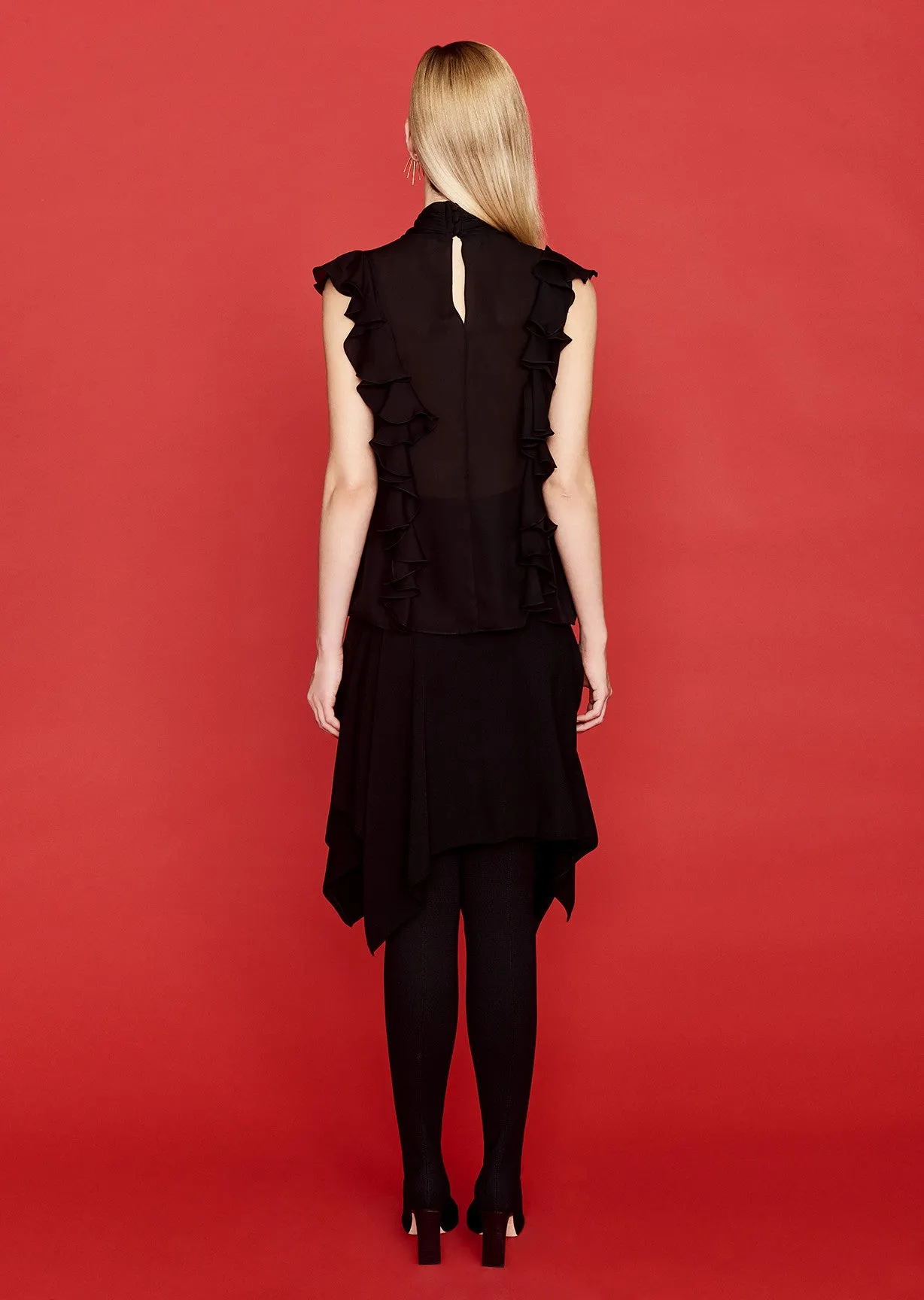 Justyne - Sleeveless Silk Blouse with Side Ruffle, Jabot Bib