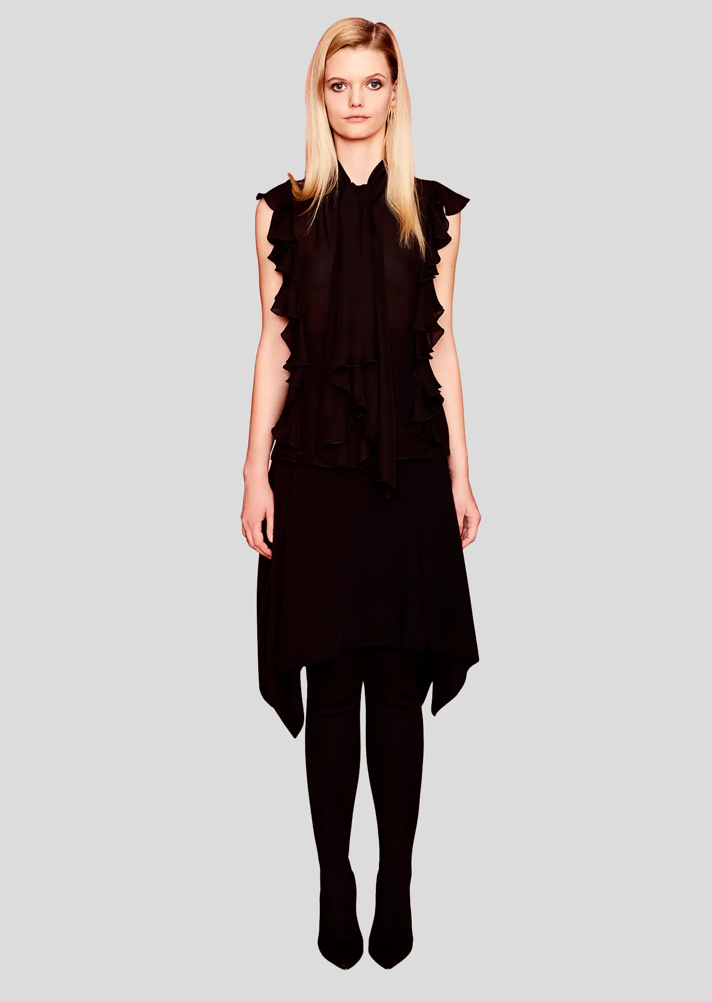 Justyne - Sleeveless Silk Blouse with Side Ruffle, Jabot Bib