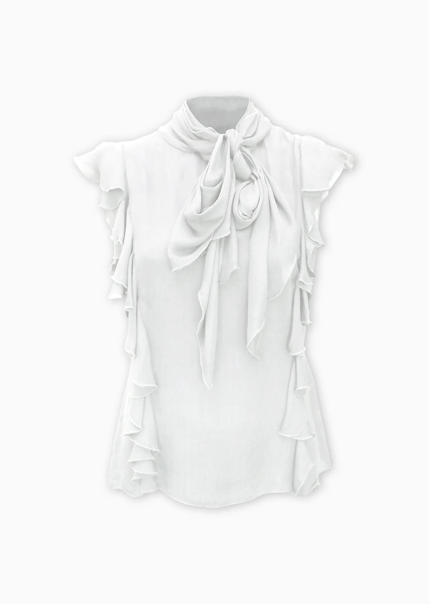 Justyne - Sleeveless Silk Blouse with Side Ruffle, Jabot Bib