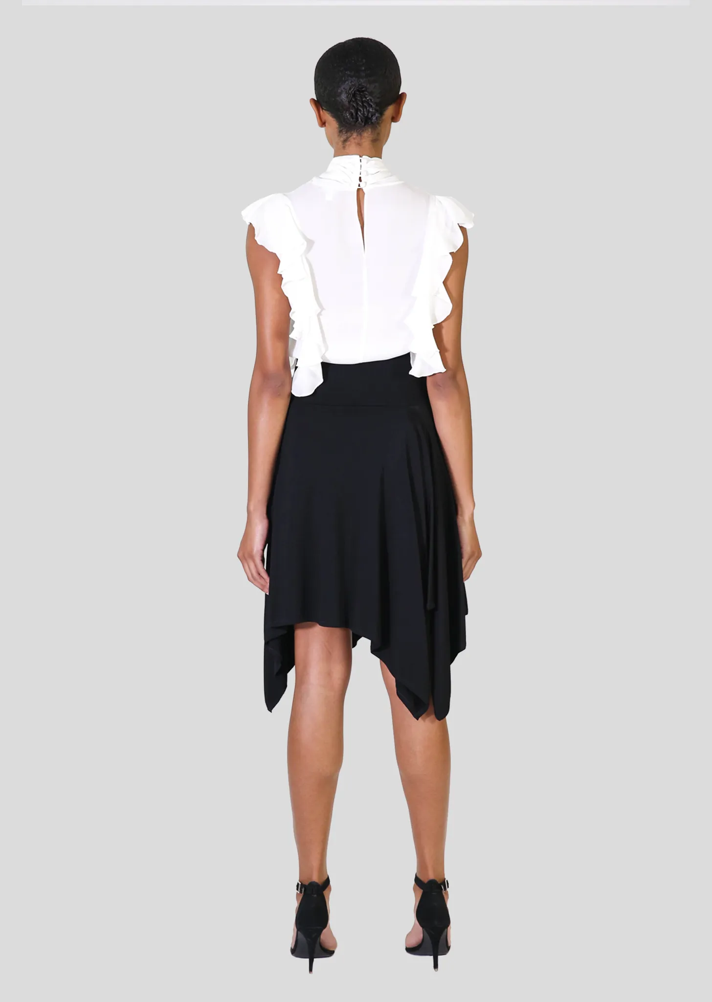 Justyne - Sleeveless Silk Blouse with Side Ruffle, Jabot Bib
