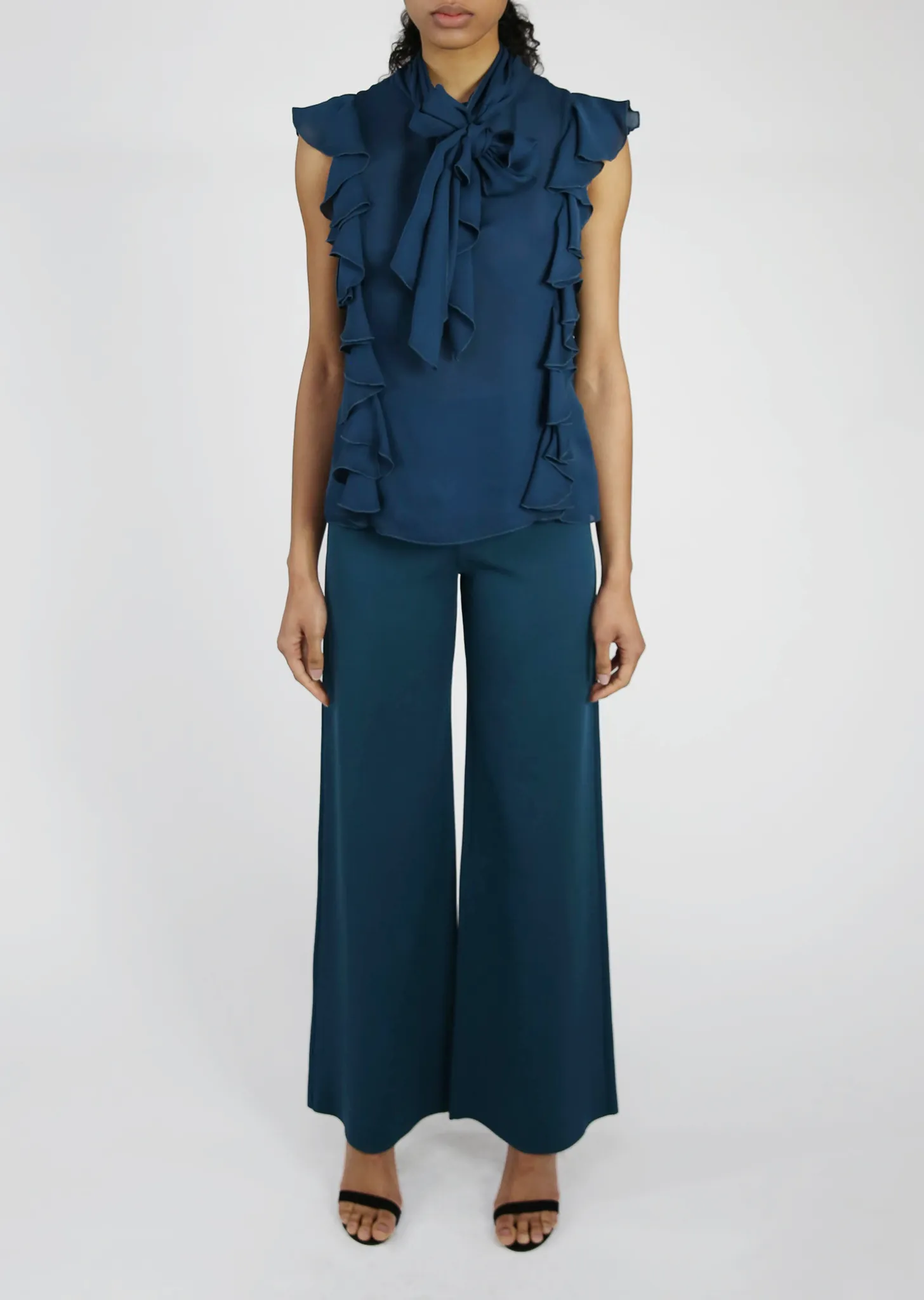 Justyne - Sleeveless Silk Blouse with Side Ruffle, Jabot Bib