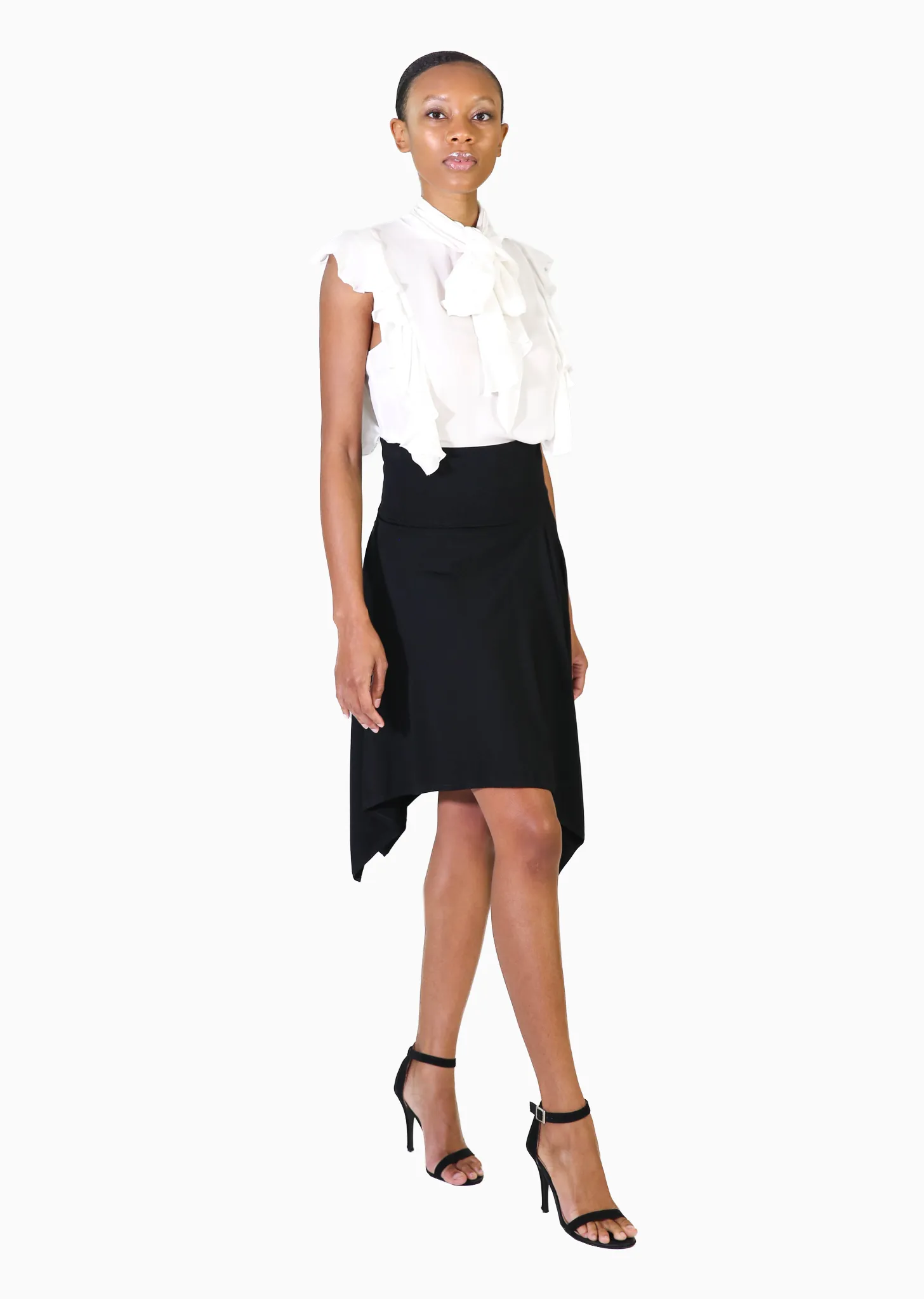 Justyne - Sleeveless Silk Blouse with Side Ruffle, Jabot Bib