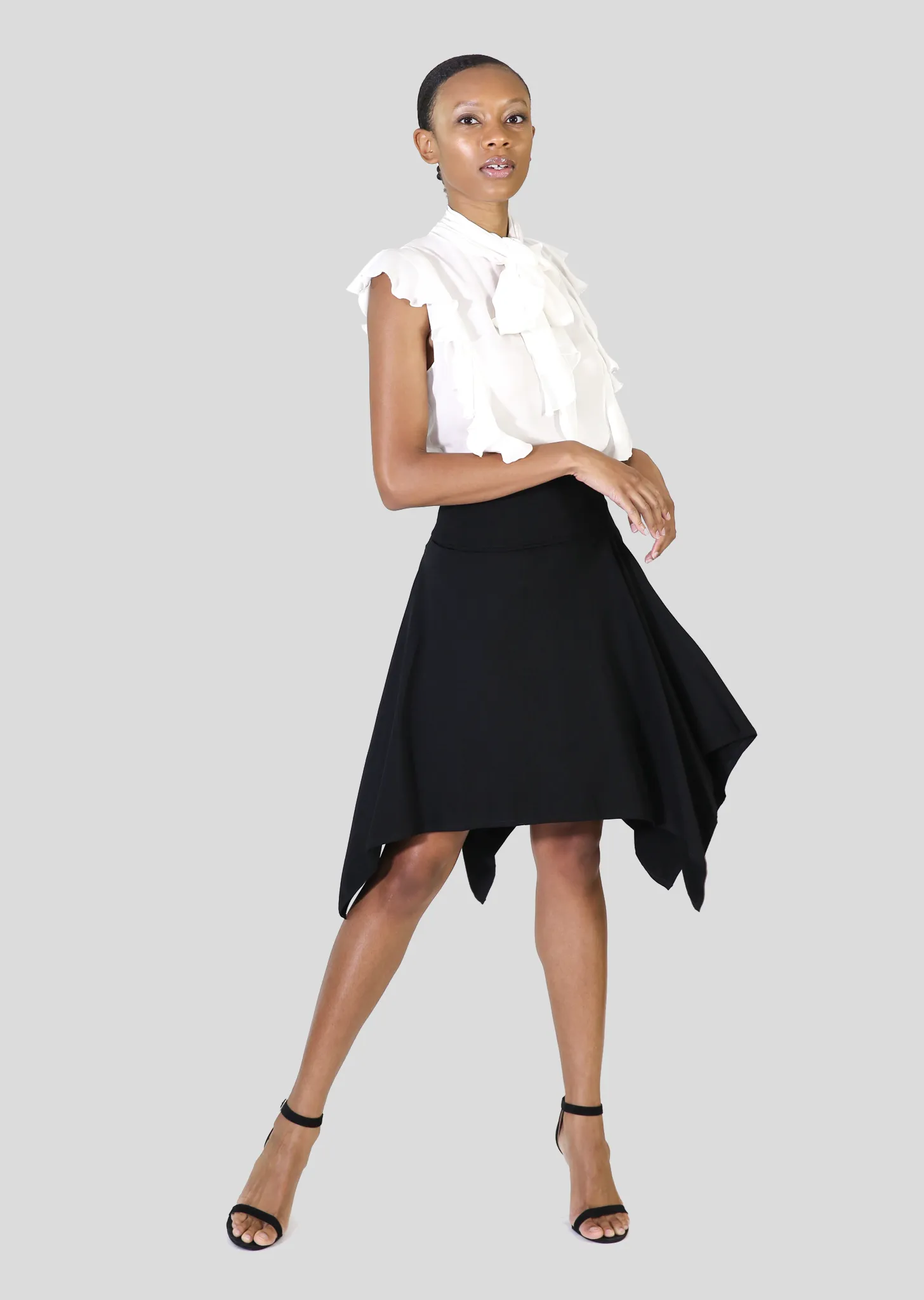 Justyne - Sleeveless Silk Blouse with Side Ruffle, Jabot Bib