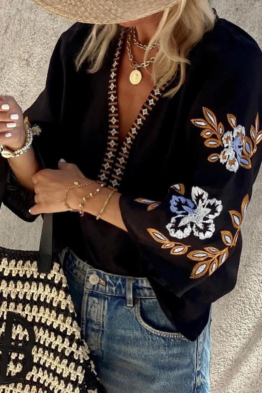 KaleaBoutique Bohemian Floral Embroidered V Neck Blouse