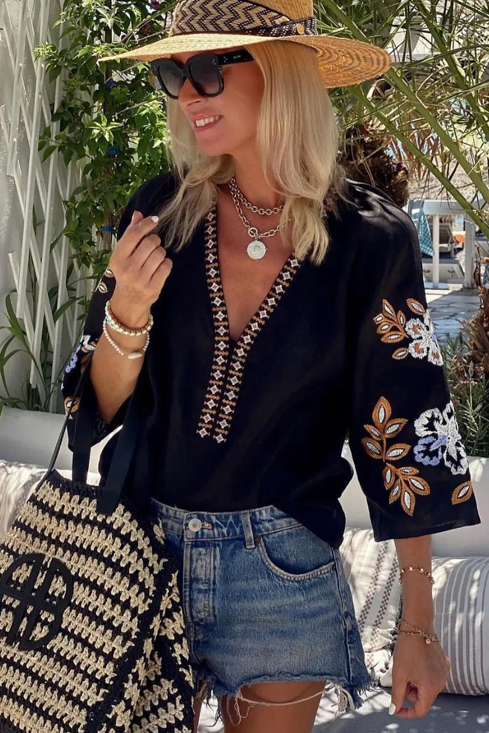 KaleaBoutique Bohemian Floral Embroidered V Neck Blouse