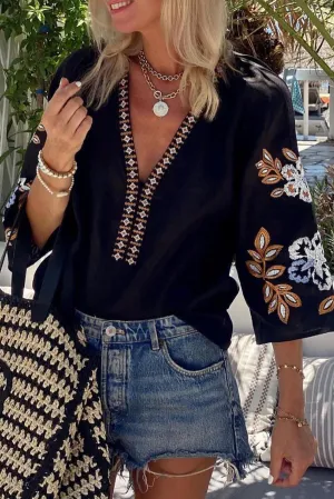 KaleaBoutique Bohemian Floral Embroidered V Neck Blouse