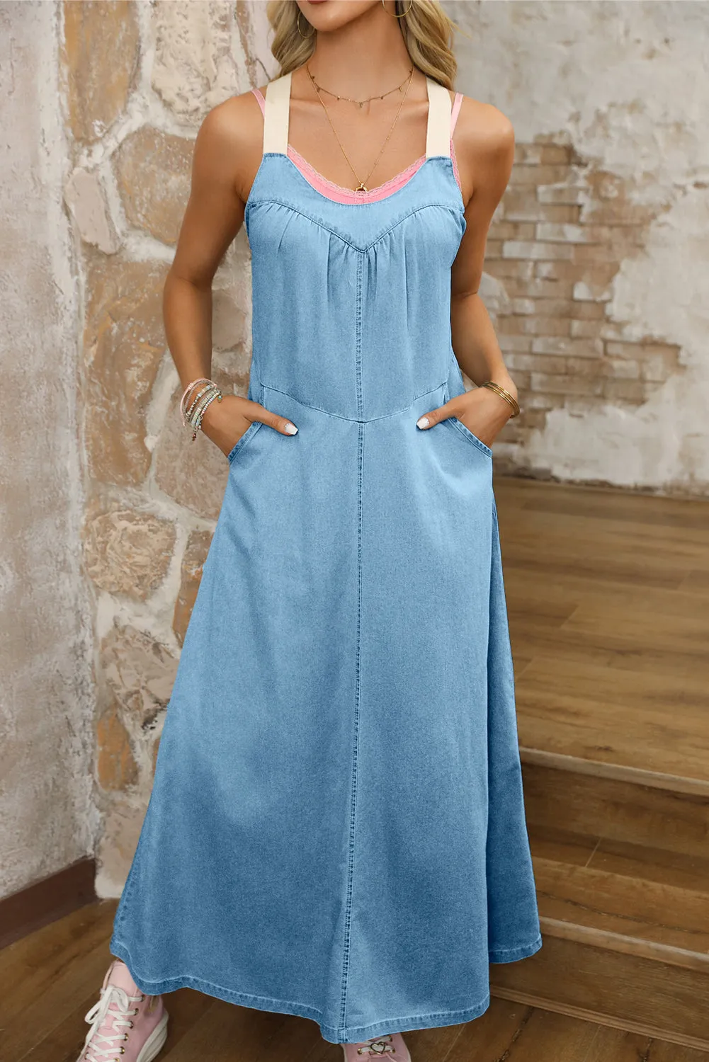 KaleaBoutique Contrast Straps Pocketed Long Chambray Dress