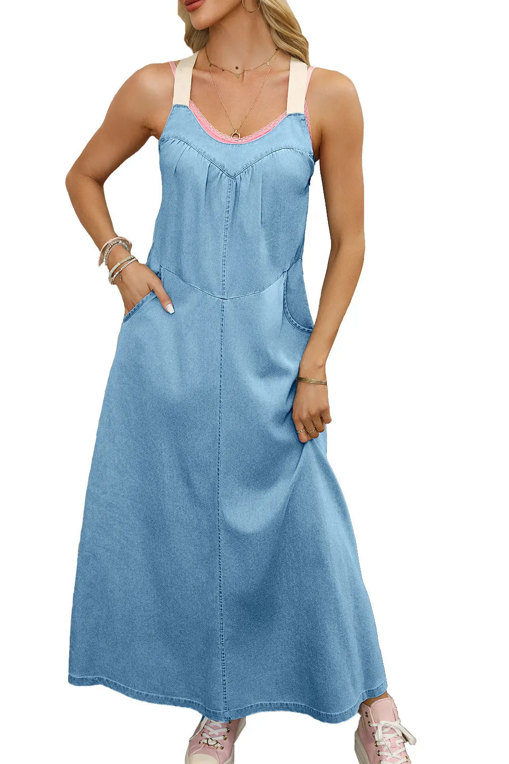 KaleaBoutique Contrast Straps Pocketed Long Chambray Dress