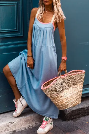 KaleaBoutique Contrast Straps Pocketed Long Chambray Dress