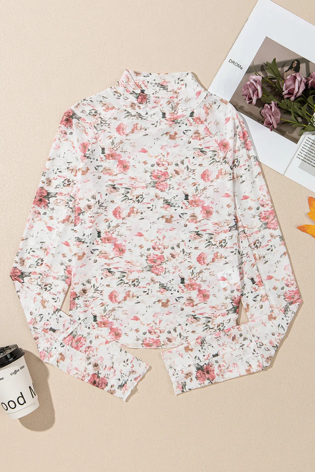 KaleaBoutique Floral Long Sleeve High Neck Sheath Mesh Top
