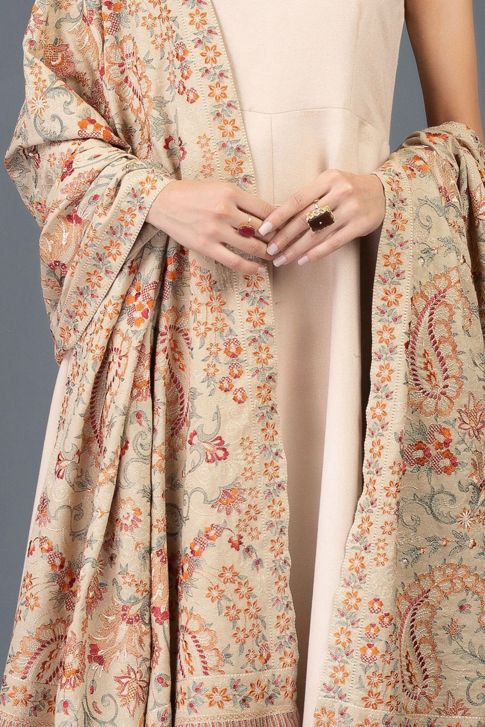 Kashmiri Range - Embroidered Karandi Beige Shawl