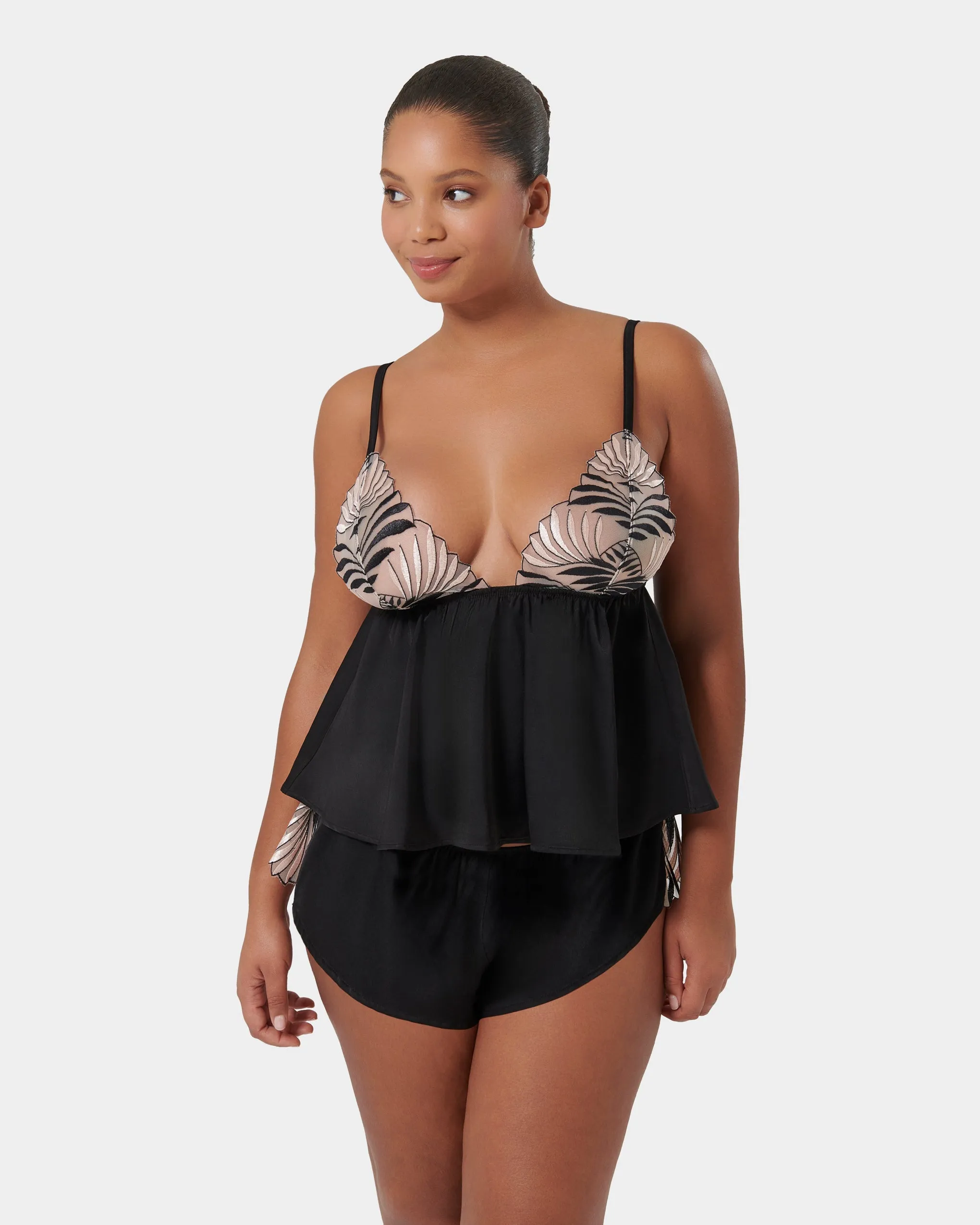 Katerine Luxury Satin Cami and Short Set Black/Pearl/Sheer