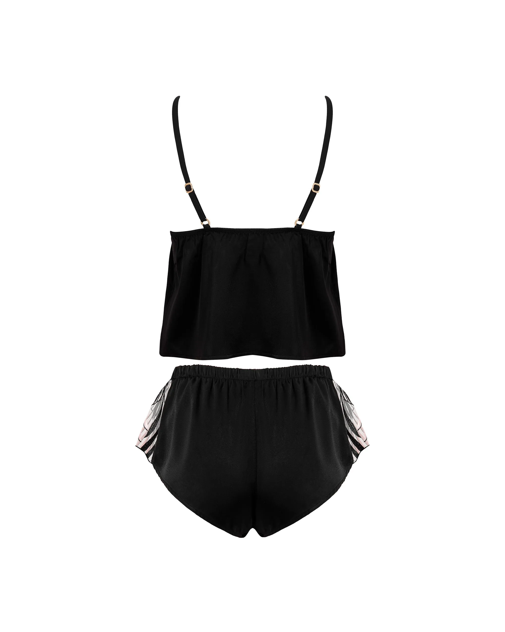 Katerine Luxury Satin Cami and Short Set Black/Pearl/Sheer