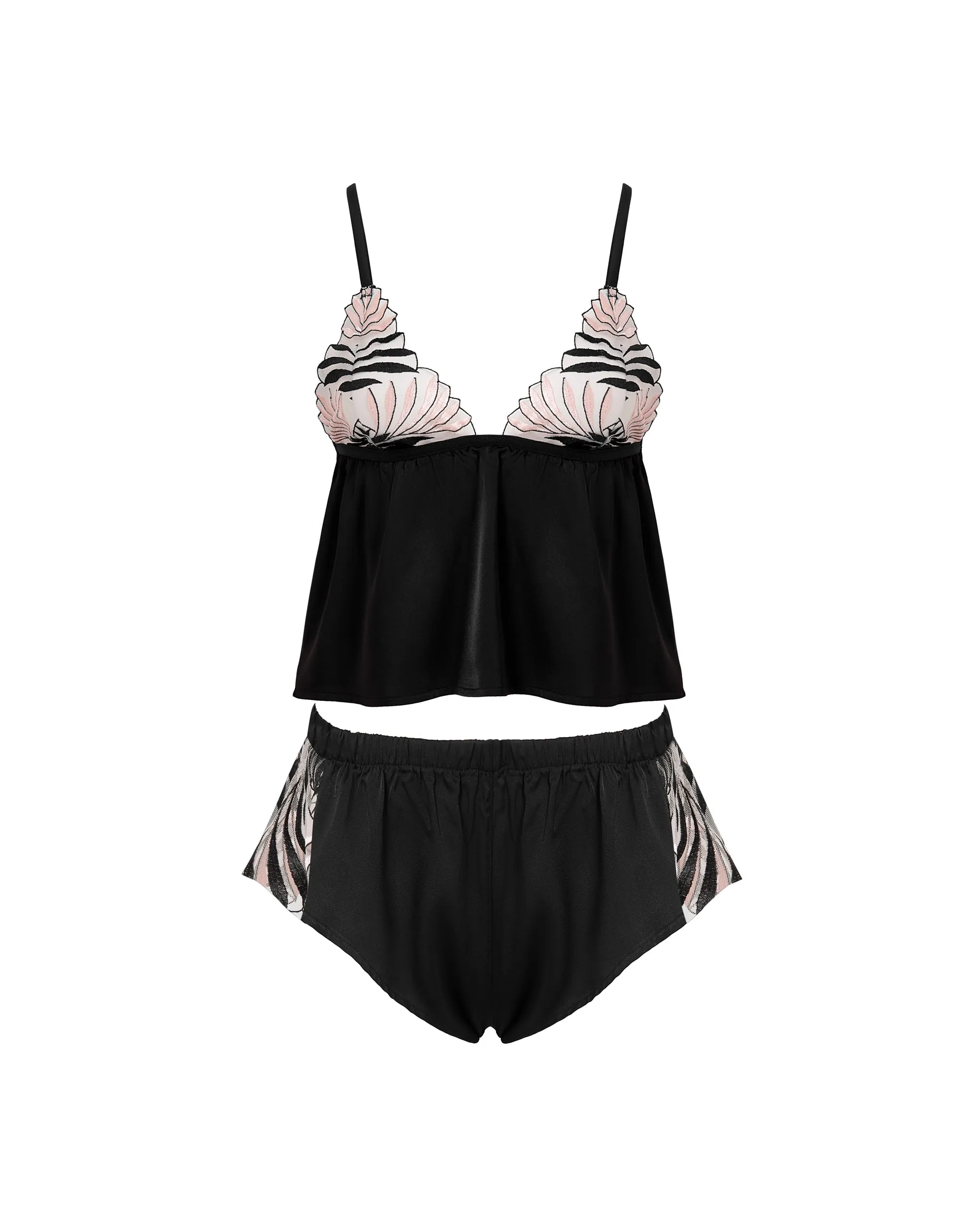Katerine Luxury Satin Cami and Short Set Black/Pearl/Sheer