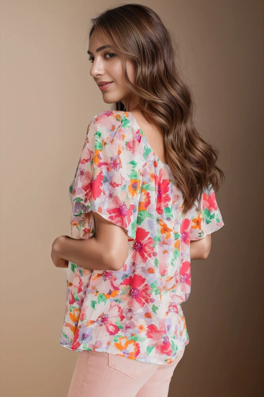 Kella Printed Scoop Neck Flutter Sleeve Blouse