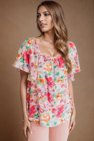 Kella Printed Scoop Neck Flutter Sleeve Blouse