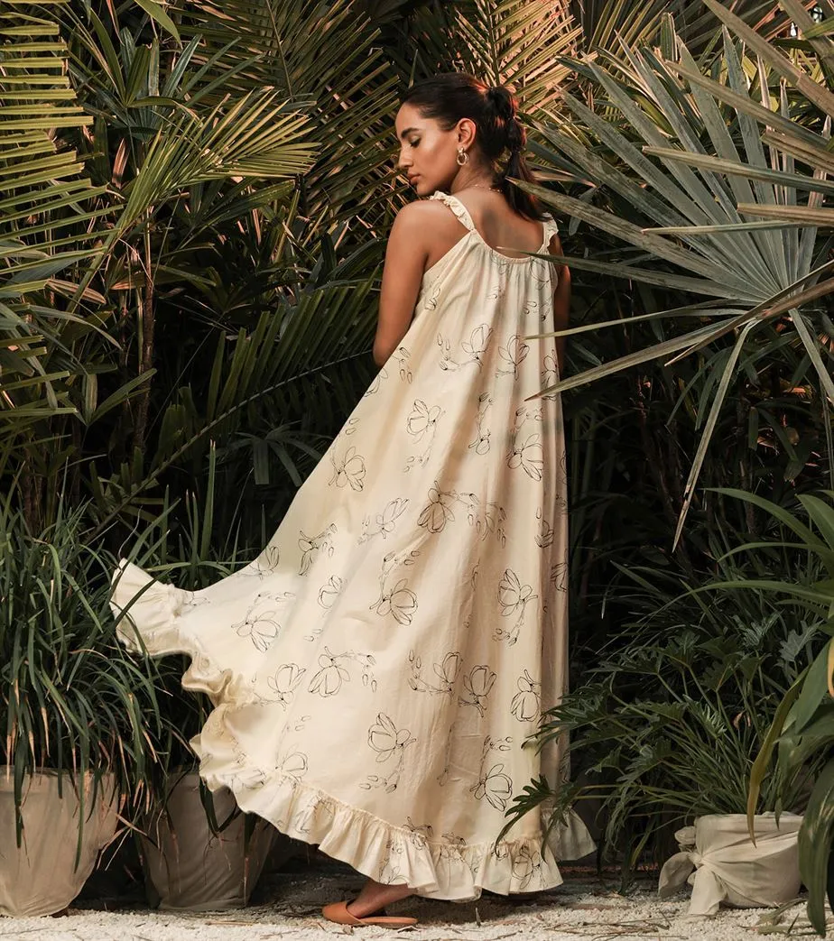 Khara Kapas   -   Water Lily Blooms White Floral handkerchief dress - Another Day in Paradise