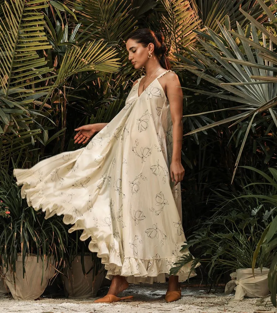 Khara Kapas   -   Water Lily Blooms White Floral handkerchief dress - Another Day in Paradise