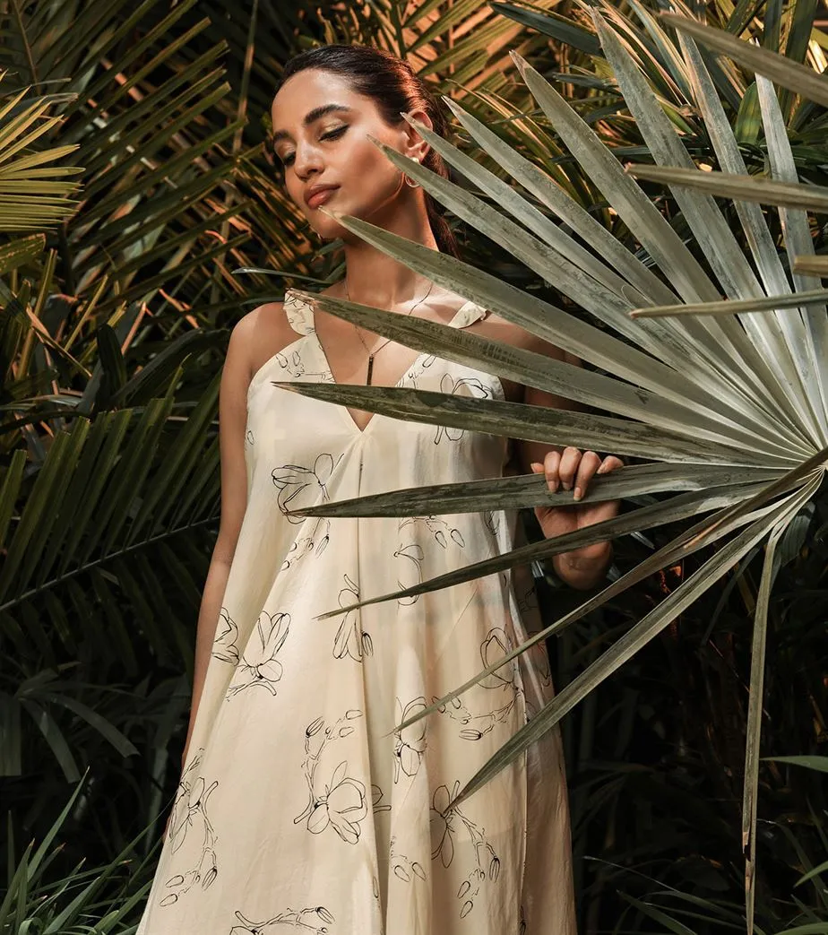 Khara Kapas   -   Water Lily Blooms White Floral handkerchief dress - Another Day in Paradise